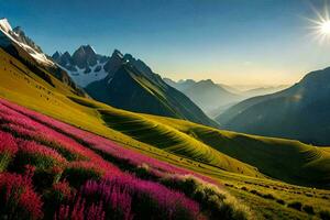 the sun shines over a mountain range with flowers. AI-Generated photo