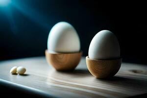 two eggs sit on a wooden table. AI-Generated photo