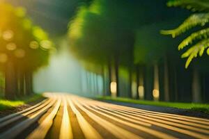 a road in the middle of a forest with trees. AI-Generated photo