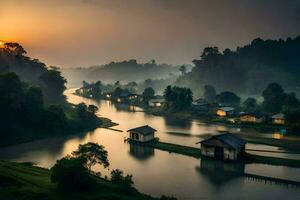 a river runs through a village at sunrise. AI-Generated photo