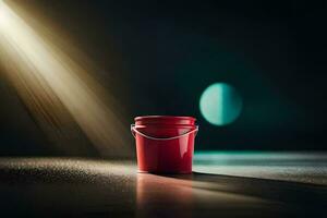 a red bucket on a dark floor with light shining from the side. AI-Generated photo