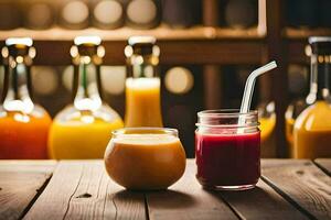 two glasses of juice and juice bottles on a wooden table. AI-Generated photo