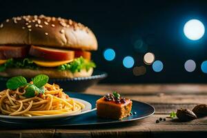 a plate with spaghetti and a burger on it. AI-Generated photo