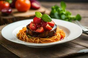 a plate with spaghetti and strawberries on it. AI-Generated photo