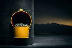 a yellow bucket with coins on the side of a wall. AI-Generated photo