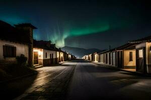 the aurora borealis lights up the sky over a town. AI-Generated photo