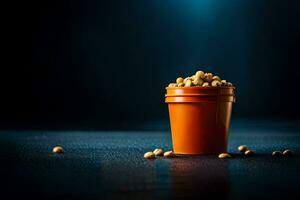 a small orange container with beans on a dark background. AI-Generated photo