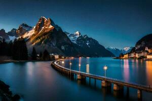 un puente terminado un lago y montañas a noche. generado por ai foto