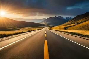 un largo vacío la carretera con el Dom ajuste detrás él. generado por ai foto