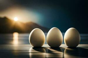 three eggs are sitting on a table in front of a lake. AI-Generated photo