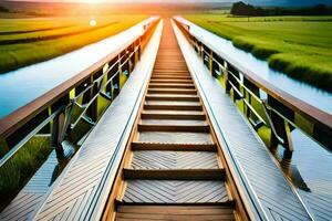 a wooden bridge over a river with the sun setting behind it. AI-Generated photo