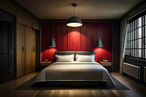 a bedroom with red accent wall and wooden floors. AI-Generated photo