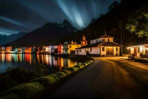 foto fondo de pantalla el cielo, noche, montañas, lago, casa, luces, el luces, el. generado por ai