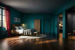 a bedroom with a bed, desk and wooden flooring. AI-Generated photo