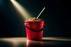 a bucket filled with popcorn on a table. AI-Generated photo