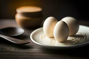 three eggs on a plate with a wooden spoon. AI-Generated photo