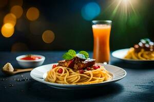 spaghetti with meat and tomato sauce on a plate. AI-Generated photo