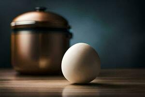 an egg sitting on a table next to a pot. AI-Generated photo