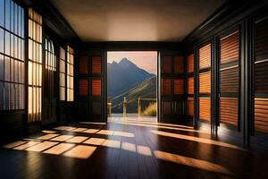a room with a mountain view through the window. AI-Generated photo