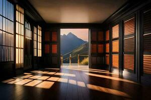 un habitación con un montaña ver mediante el ventana. generado por ai foto