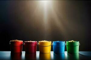 five buckets of different colored food on a table. AI-Generated photo