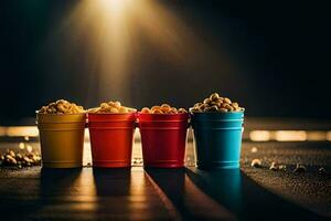 three colorful buckets with popcorn on a dark table. AI-Generated photo