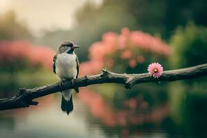 a bird sits on a branch near a pond. AI-Generated photo