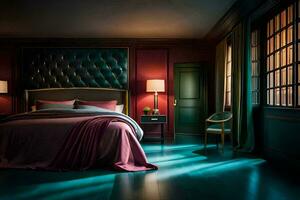 un dormitorio con un oscuro verde pared y un cama con un rojo frazada. generado por ai foto