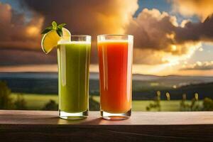 two glasses of juice with a sunset in the background. AI-Generated photo