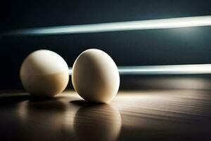 dos huevos en un mesa con un ligero brillante en a ellos. generado por ai foto