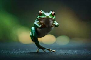 a frog is standing on its hind legs. AI-Generated photo