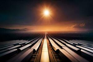 a train track with the sun shining over it. AI-Generated photo