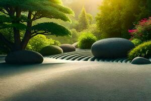 a japanese garden with rocks and trees. AI-Generated photo