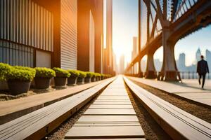 a man walking on a railroad track near a bridge. AI-Generated photo