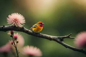 a bird sits on a branch with pink flowers. AI-Generated photo