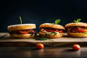 three hamburgers on a wooden cutting board. AI-Generated photo