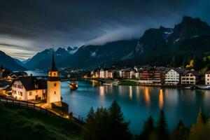 un pueblo se sienta en el borde de un lago a noche. generado por ai foto