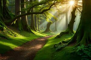 a path through a forest with trees and sun. AI-Generated photo
