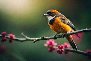 a small bird is sitting on a branch with pink flowers. AI-Generated photo