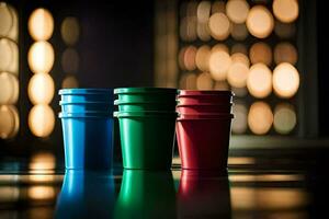 Tres rojo y verde el plastico tazas en un mesa. generado por ai foto