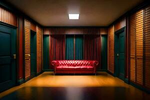 a red leather couch in a room with wooden walls. AI-Generated photo