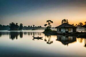 photo wallpaper the sky, water, sunrise, the house, the boat, the lake, the. AI-Generated