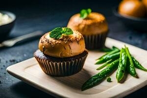 two cupcakes on a plate with green beans. AI-Generated photo