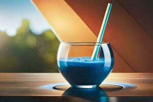 blue smoothie in a glass with a straw. AI-Generated photo