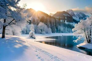 winter landscape with snow covered trees and a lake. AI-Generated photo
