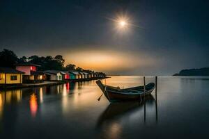 un barco se sienta en el agua a noche con un lleno Luna en el antecedentes. generado por ai foto