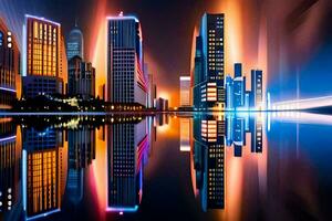 ciudad luces reflejado en agua a noche. generado por ai foto