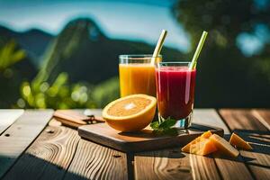 dos lentes de jugo en un de madera mesa. generado por ai foto