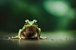 a frog sitting on the ground with a blurry background. AI-Generated photo