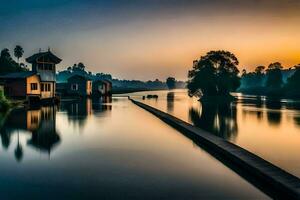 un río a puesta de sol con casas en el costa. generado por ai foto